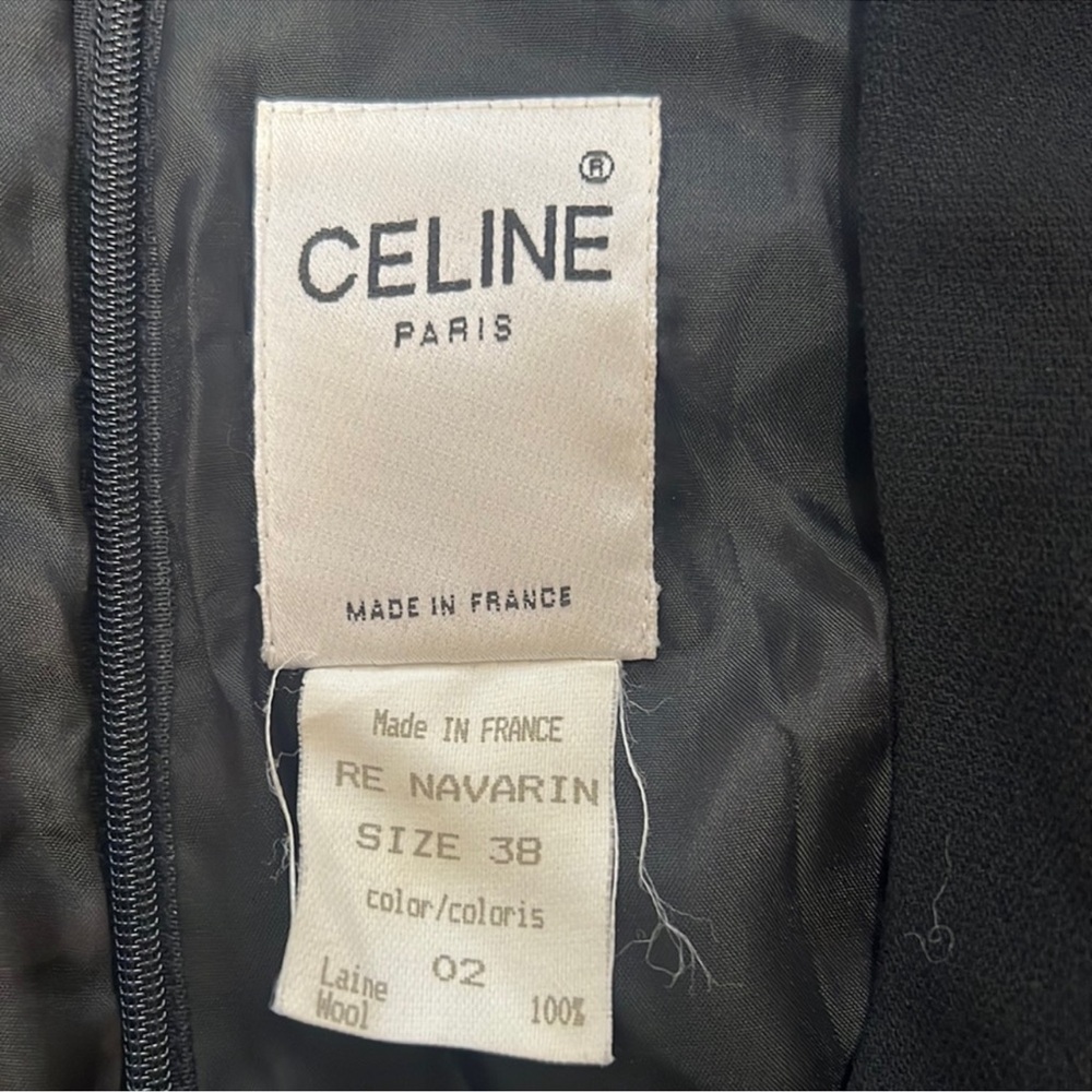 Rare VNTG Celine Black wool Blazer‎ Faux Wrap Dress L Statement Celine logo 38 - Picture 9 of 12